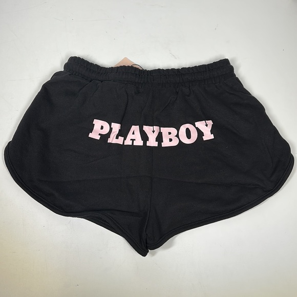 NWT Playboy x Misguided Lounge Runner Shorts in Black/Pink - Picture 3 of 4